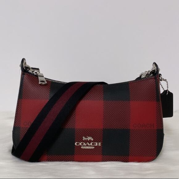 New Coach Jes Baguette With Buffalo Plaid Purse/Coated Canvas/Red-Black - Picture 5 of 12